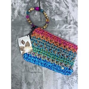 CAPPELLI STRAWORLD  WOVEN Straw LINED Rainbow Zipper WRISTLET CLUTCH BAG Wallet